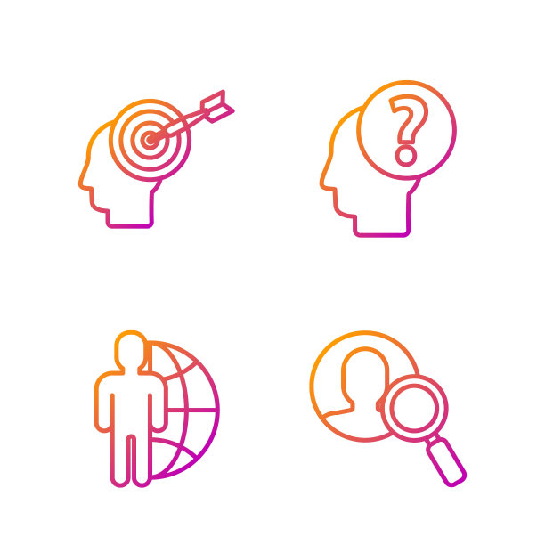设置线放大镜搜索人，地球仪和人，猎头概念和带问号的人头。渐变颜色图标。向量图片下载