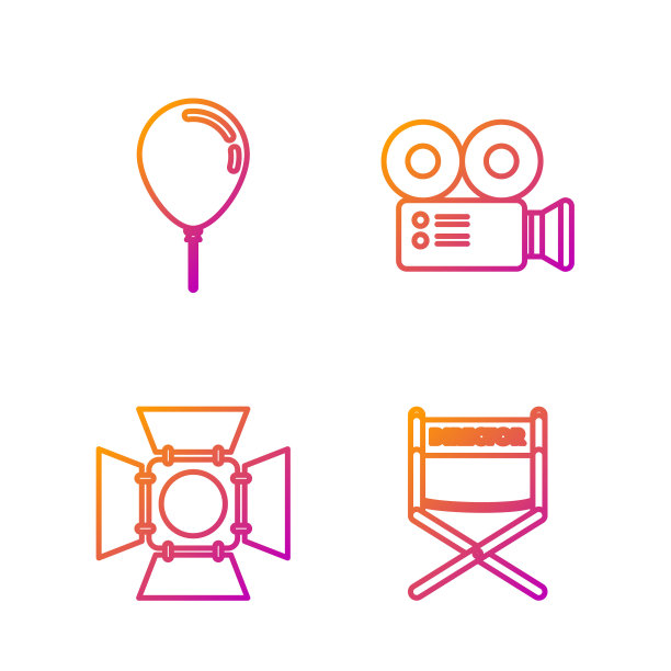 设置线导演电影椅子，电影聚光灯，彩带气球和电影摄像机。渐变颜色图标。向量图片下载
