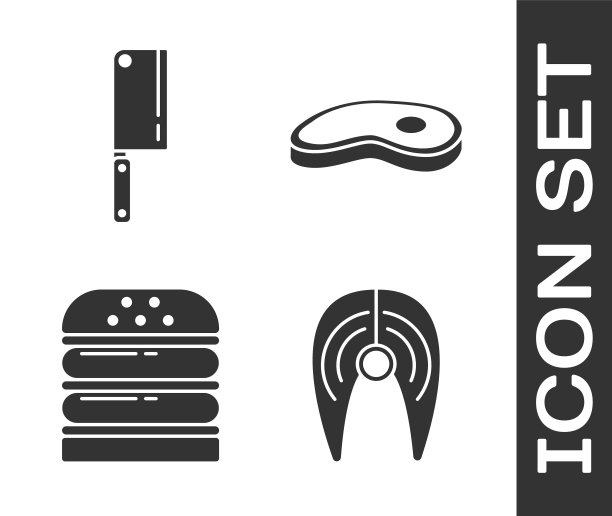 设置鱼牛排，肉菜刀，汉堡和牛排肉图标。向量图片下载