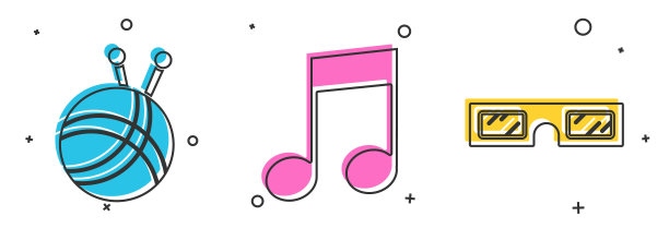 设置纱线球与针织针，音乐音符，音调和3D电影眼镜图标。向量图片下载