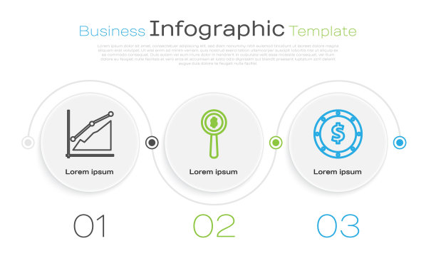 设置线形饼图信息图、放大镜和美元符号以及有美元符号的硬币。业务信息模板。向量图片下载