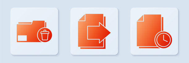 设置“下一页箭头”、“删除文件夹”和“带时钟的文档”。白色正方形按钮。向量图片下载