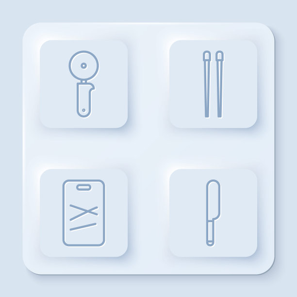 套线披萨刀，食物筷子，切菜板和刀。白色正方形按钮。向量图片下载