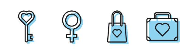 集心形购物袋，心形钥匙，女性符号和心形图标的旅行手提箱。向量图片下载