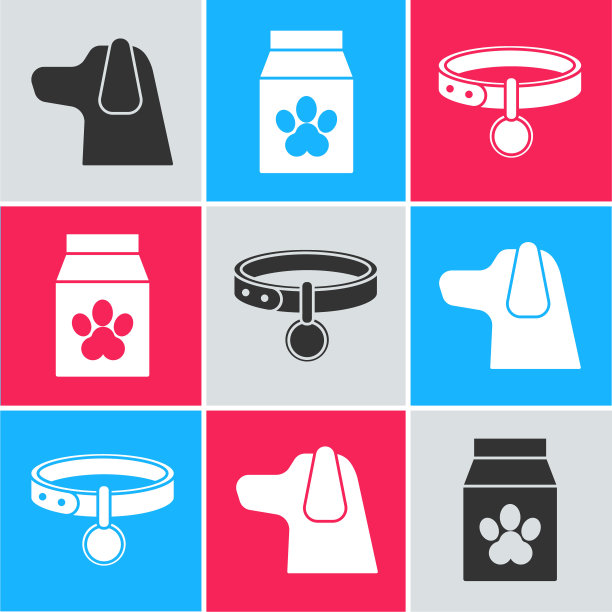 设置狗，宠物食物袋和项圈的名字标签图标。向量图片下载