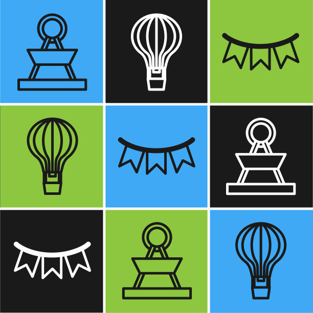 设置线吸引旋转木马，嘉年华花环与旗帜和热气球图标。向量图片下载