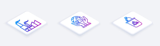 设置等距线工厂，人手握地球仪和带有回收标志的回收站。白色正方形按钮。向量图片下载