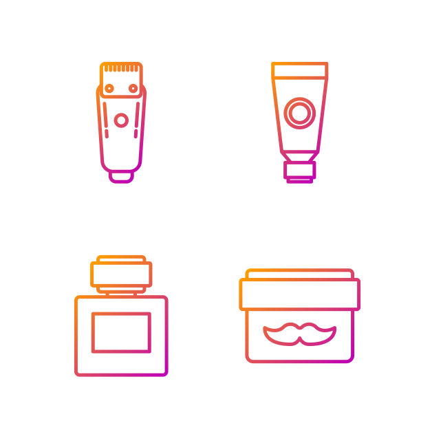 设置线霜或乳液化妆品罐，须后水，电理发器或剃须刀和霜或乳液化妆品管。渐变颜色图标。向量图片下载
