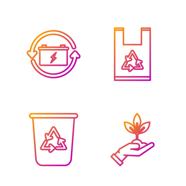 集环保工厂、回收站、电池、塑料袋于一体。渐变颜色图标。向量图片下载