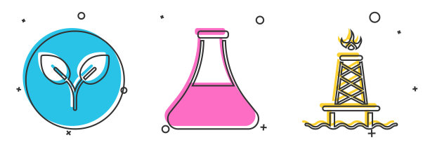 设置生物燃料，石油汽油试管和石油钻机与火图标。向量图片下载