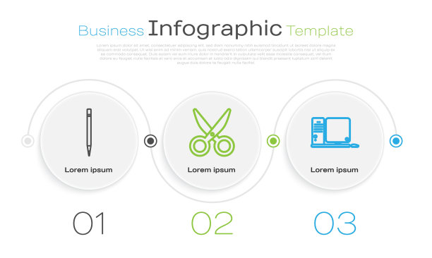 设置线铅笔与橡皮擦，剪刀和电脑显示器与键盘和鼠标。业务信息模板。向量图片下载