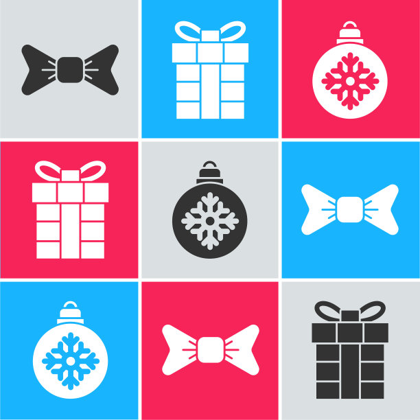 设置蝴蝶结，礼盒和圣诞球图标。向量图片下载