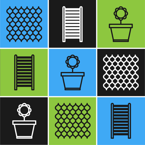 设置线花园栅栏木，花盆和木制楼梯图标。向量图片下载