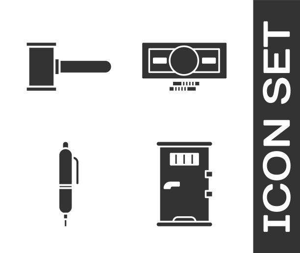 监狱牢房门、法官 gavel、笔和成叠纸币现金图标矢量素材图片下载