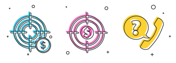 设置目标与美元符号，目标与美元，电话和语音气泡聊天图标。向量图片下载