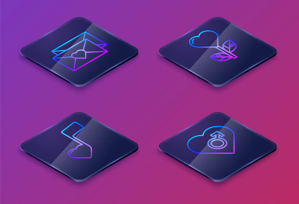 情人节心形信封，音乐音符，心形音调，花心形和男性心形。蓝色方块按钮。向量图片下载