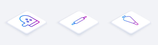 设置等距线烘箱手套、擀面杖及糕点袋，用于装饰蛋糕。白色正方形按钮。向量图片下载