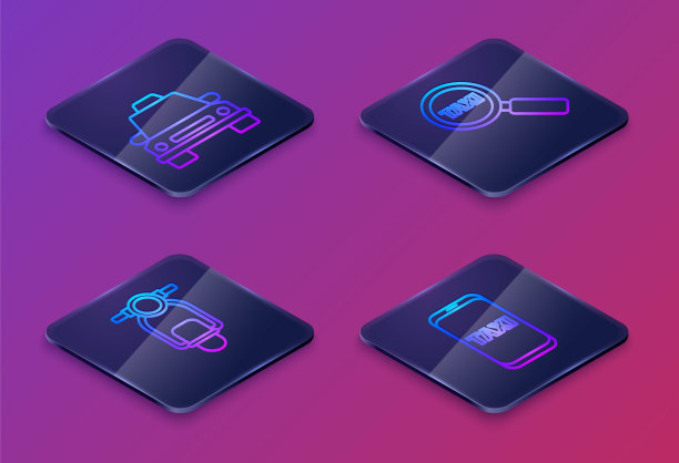 设有出租车等距线、滑板车、放大镜、出租车及出租车呼叫电话服务。蓝色方块按钮。向量图片下载