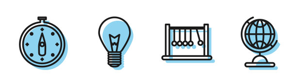 设置线摆，指南针，灯泡与概念的想法和地球仪图标。向量图片下载