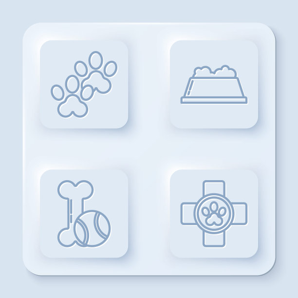 集爪印、宠物食品碗、宠物玩具骨胶球、兽医诊所标志为一体。白色正方形按钮。向量图片下载