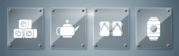 设置日本纸灯笼，日本传统鞋，日本茶道和寿司。方形玻璃面板。向量图片下载