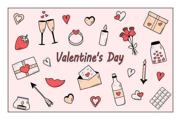 一组涂鸦图标为情人节或婚礼。向量插图浪漫的配件蜡烛心戒指瓶子和葡萄酒，草莓巧克力礼物嘴唇。图片下载