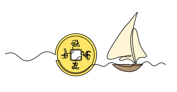 抽象的彩色中国钱币，用抽象的涂鸦象形文字和船作为连续的线条在白色的背景上画图片下载