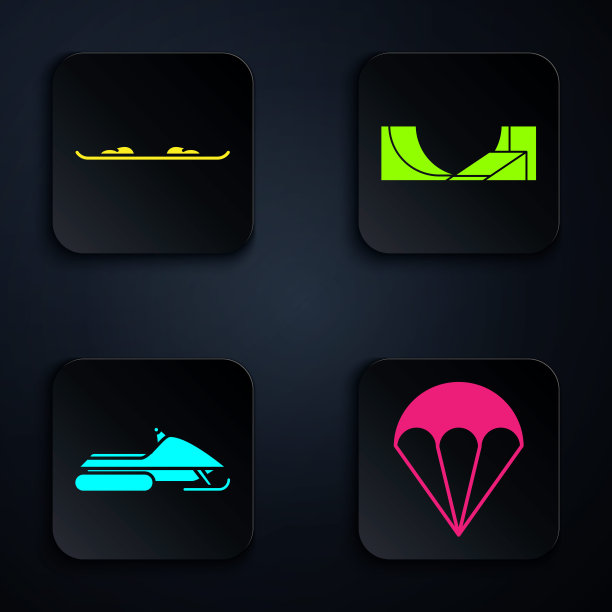 设置降落伞，滑雪板，雪地摩托和滑板公园。黑色方形按钮。向量图片下载