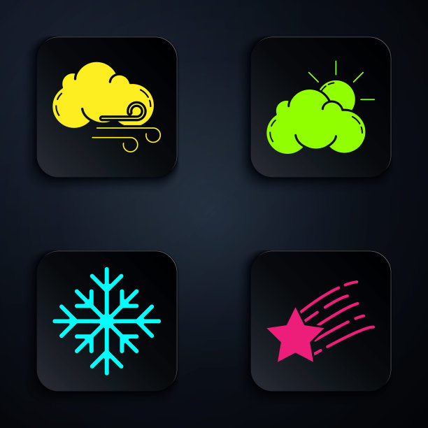 陨星，刮风，雪花，太阳和云的天气。黑色方形按钮。向量图片下载