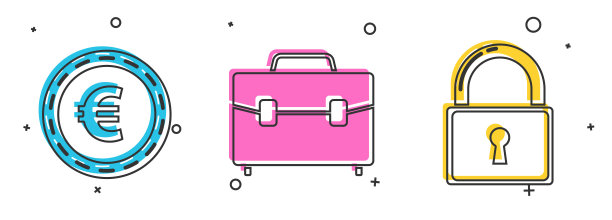 设置硬币与欧元符号，公文包和锁图标。向量图片下载