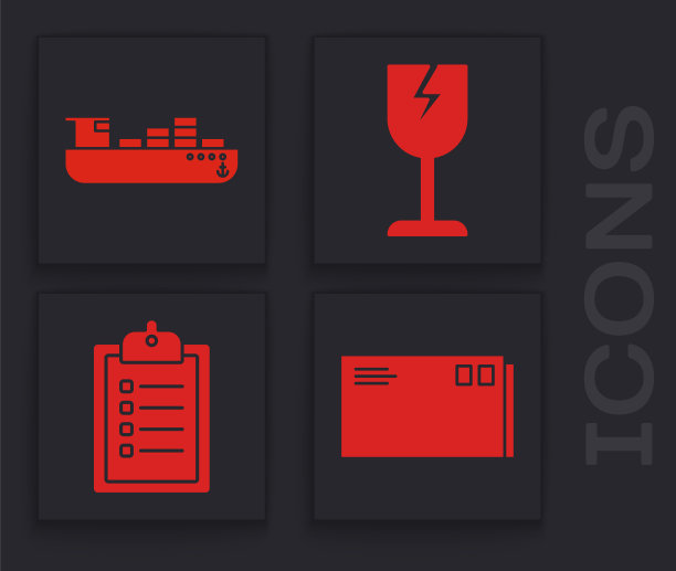 设置信封、货轮带箱送货服务、易碎玻璃标志和验货清单剪贴板图标。向量图片下载