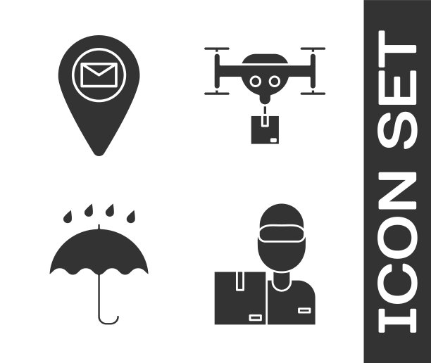 用纸箱设置送货员，地图纸上的占位符，雨伞和雨点和包裹图标的送货无人机。向量图片下载