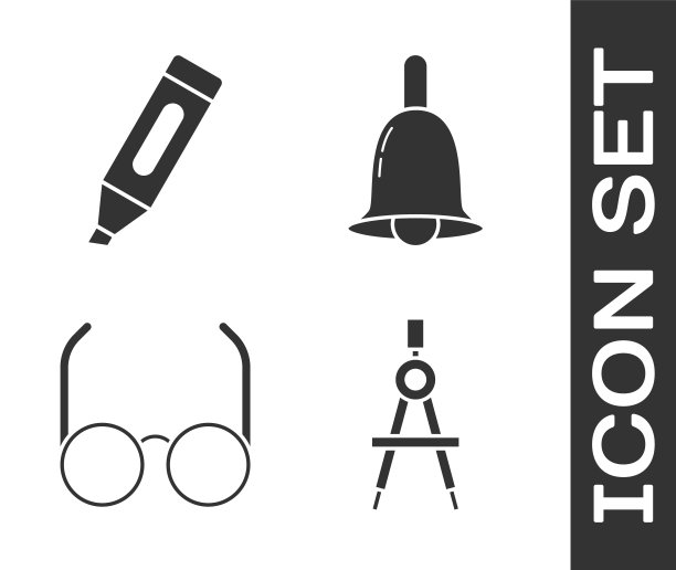 设置绘图指南针，马克笔，眼镜和铃声图标。向量图片下载
