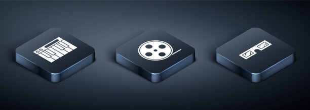 设置等距音乐合成器，3D电影眼镜和电影卷轴图标。向量图片下载