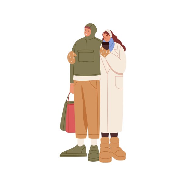 爱一对年轻男女带着购物袋和杯子在寒假户外。快乐浪漫的人们在冬天站在一起。平面矢量插图孤立在白色背景上图片下载