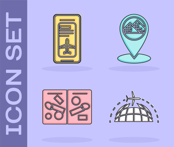 设置环球与飞行飞机，智能手机与电子登机牌机票，护照页与签证印章和地图指针与埃及金字塔图标。向量图片下载