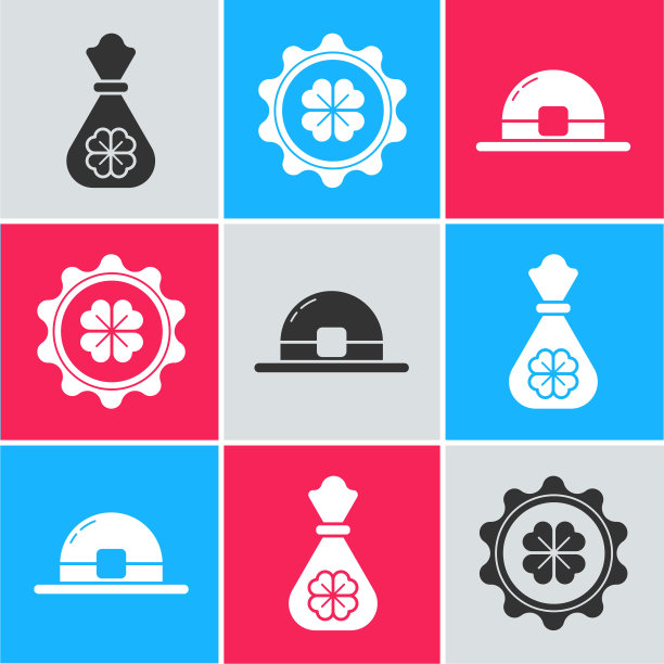 设置金钱袋四叶三叶草，瓶盖四叶三叶草和妖精帽子图标。向量图片下载