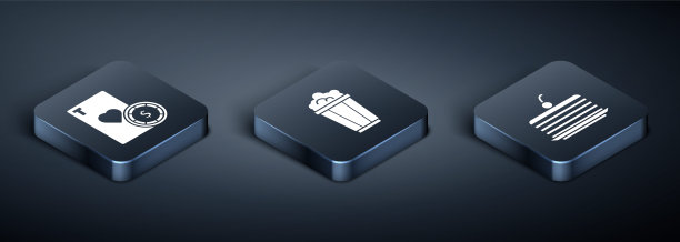 设置等距赌场芯片和扑克牌，蛋糕和爆米花在纸箱图标。向量图片下载