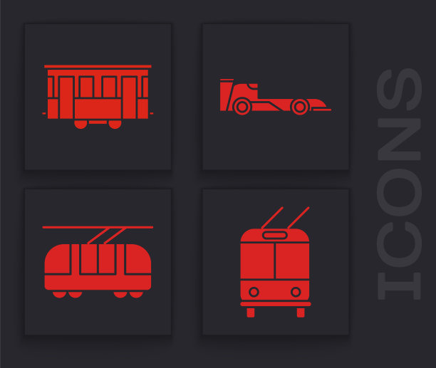 设置有轨电车，旧城有轨电车，方程式赛车和有轨电车和铁路图标。向量图片下载