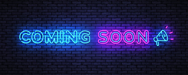 即将到来的蓝色背景霓虹灯。向量旗帜。向量模板。即将到来的霓虹灯网络广告设计图片下载