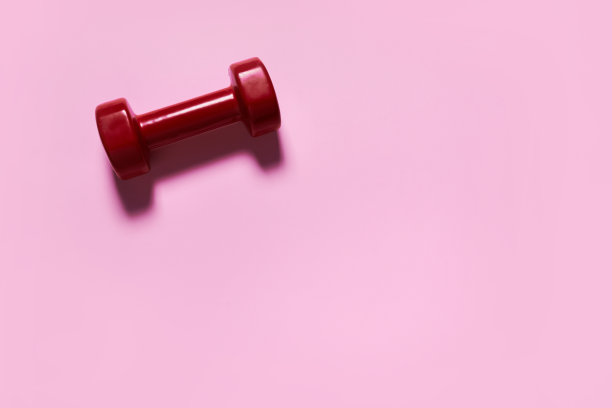 红色哑铃在粉红色的背景与复制空间。图片下载