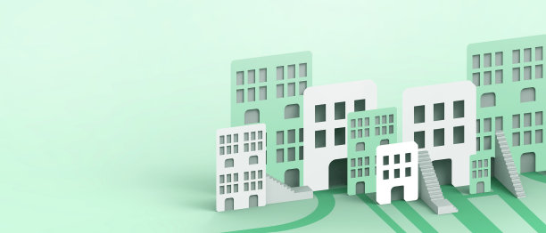 抽象的背景。网上购物和科技城市的理念，为建筑、房地产和商业的概念与纸艺术上的绿色。横幅，网站，复制空间-3d渲染图片下载