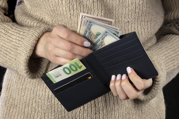 女人手里拿着一个装着欧元和美元的棕色钱包。图片下载