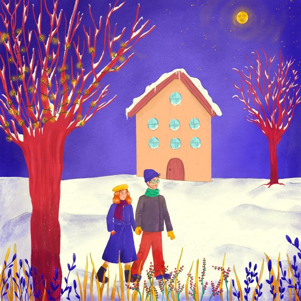 浪漫的情侣走在白雪覆盖的道路上的红树之间图片下载