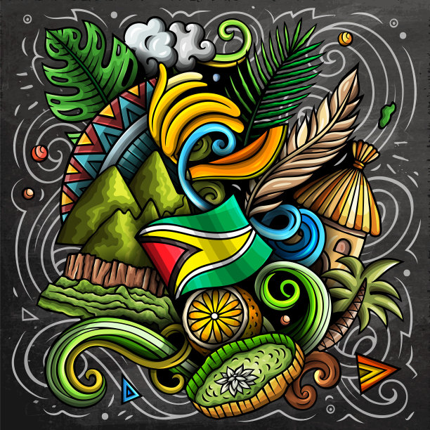 圭亚那卡通矢量涂鸦黑板插图图片下载