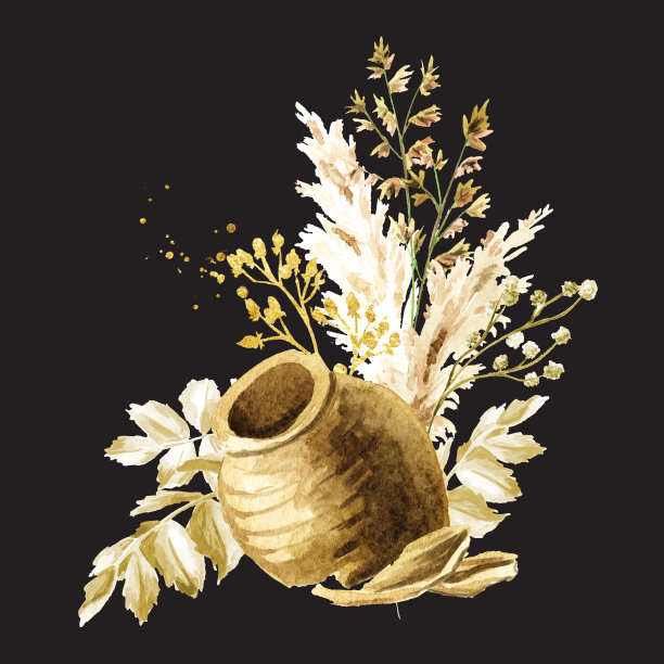 旧的陶瓷破罐子，上面有野草和野花。夏季田园构图、花束、装饰理念。手绘水彩插图孤立在白色背景上图片下载