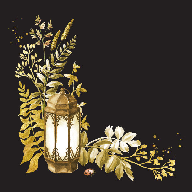 古老的装饰雕刻灯笼，野草和野花的框架。夏季田园构图、花束、装饰理念。手绘水彩插图孤立在白色背景上图片下载