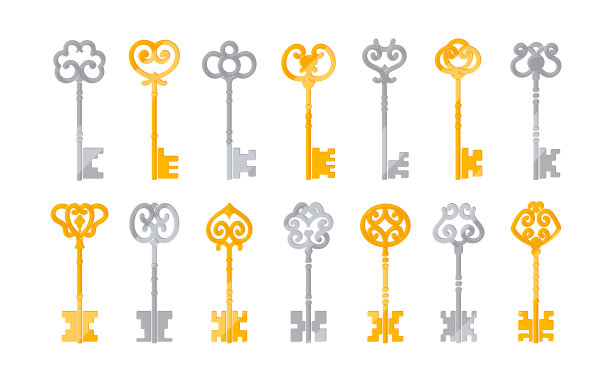 白色背景上的古色古色的金银钥匙，童话故事，魔术游戏Ui元素，秘密隐喻图片下载