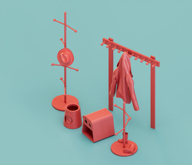 儿童衣架和鞋套。等距红色操场对象，适合儿童身心发展。单色单色，三维渲染图片下载
