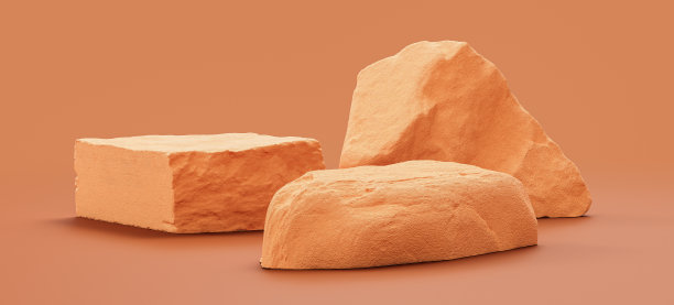 单色黄色岩石在平坦的黄色背景产品显示与复制空间，3d渲染图片下载